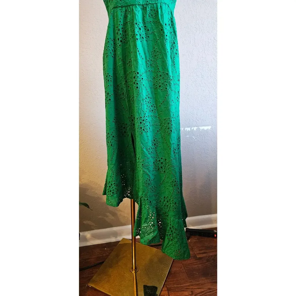 Guess Cotton Eyelet Asymmetric Midi Dress Women Size‎ 8 Green Contemporary Party